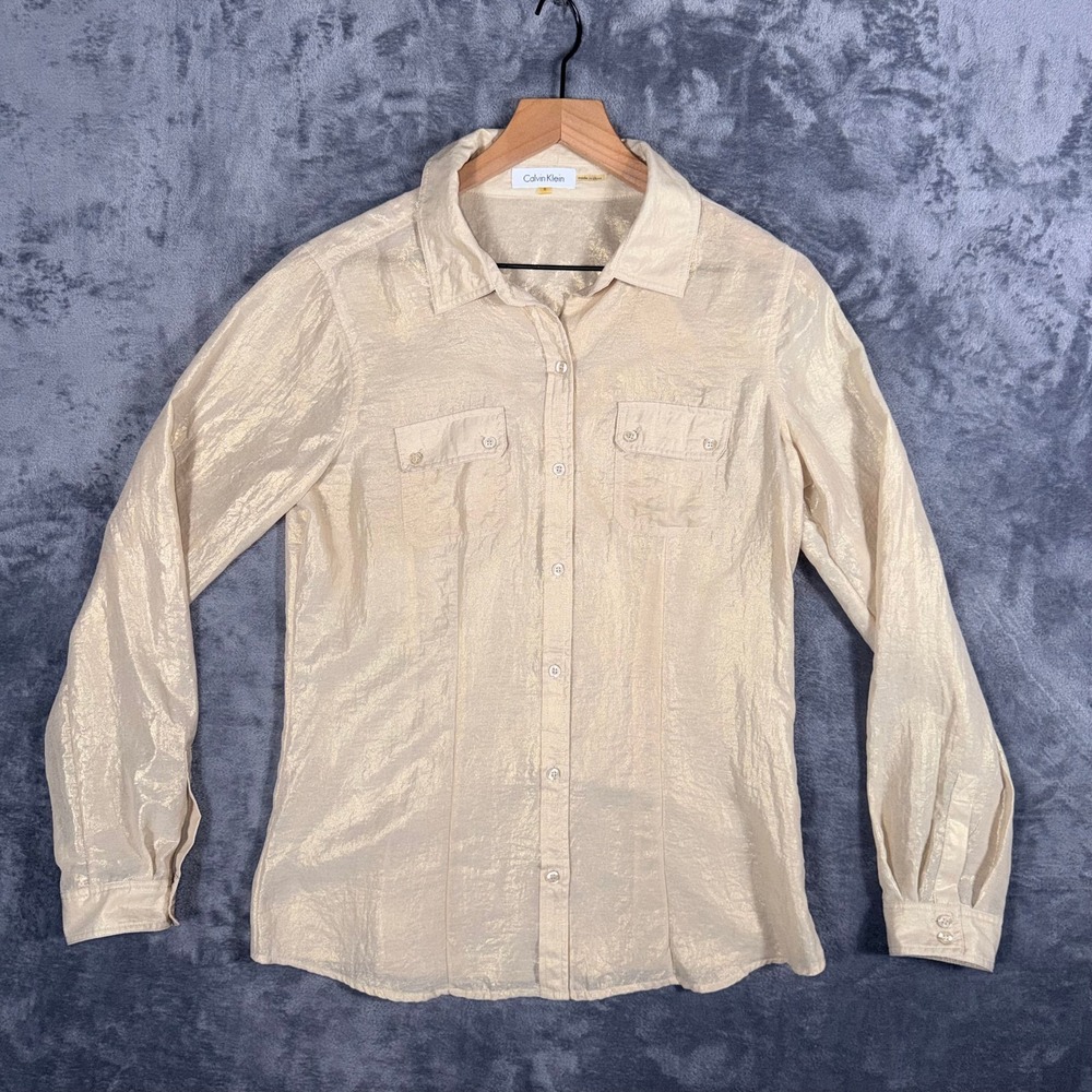 Calvin Klein Womens Button Up Shirt‎ Size S Gold Shimmer Long Sleeve Blouse Top